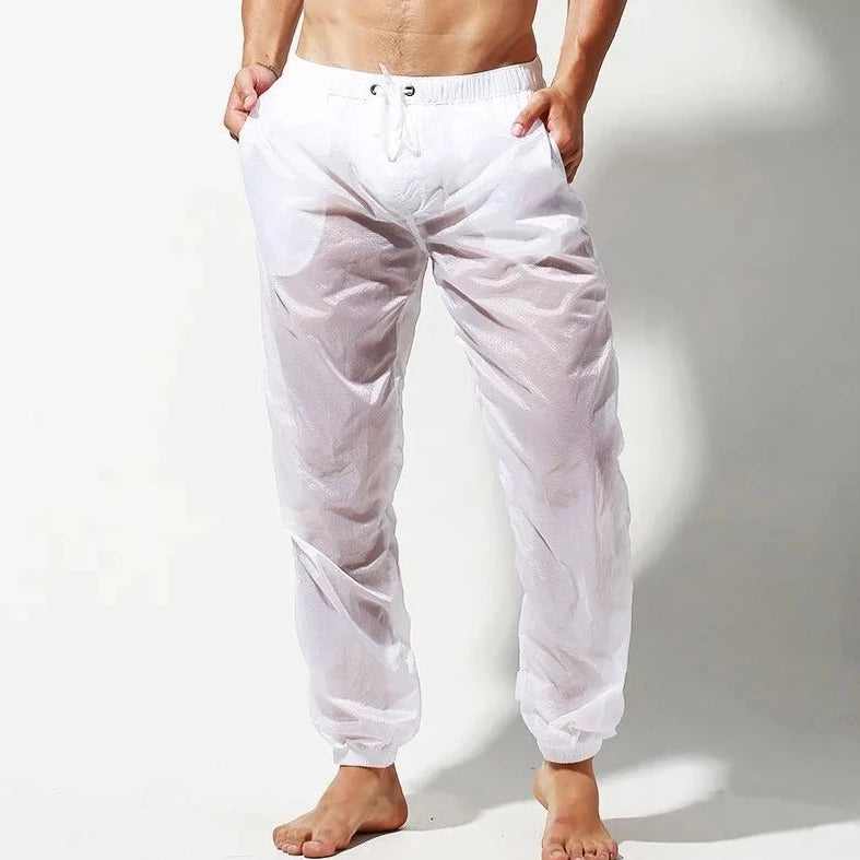 a handsome guy in White Pants Men's Transparent Racing Stripe Sleeveless Hoodie + Pants - pridevoyageshop.com - gay men’s underwear and swimwear