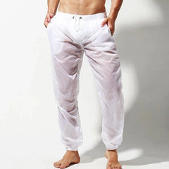 a handsome guy in White Pants Men's Transparent Racing Stripe Sleeveless Hoodie + Pants - pridevoyageshop.com - gay men’s underwear and swimwear