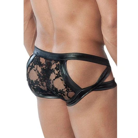 a hot gay man in black Gay Men's Faux Leather Floral Sheer Briefs - pridevoyageshop.com - gay men’s underwear and swimwear