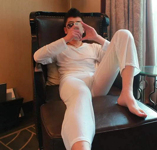 white Men's Sheer Pajamas Sleepwear with Hoodie - pridevoyageshop.com - gay men’s underwear and swimwear