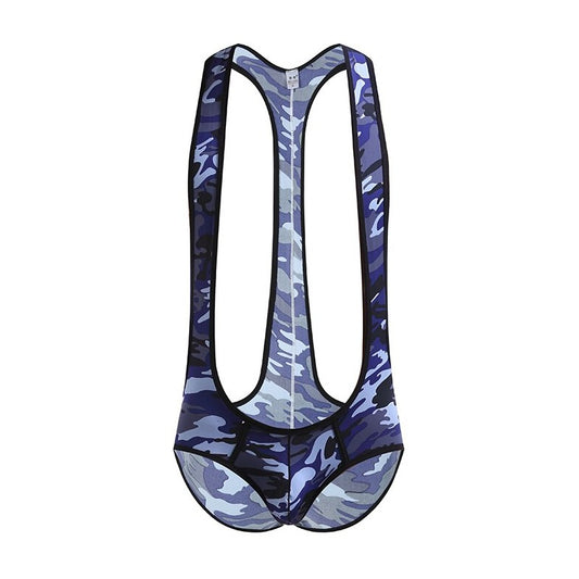 blue Gay Bodysuit and Singlet | Men's Kinky Camo Wrestling Bodysuit - Men's Singlets, Bodysuits, Leotard & Unitard - pridevoyageshop.com
