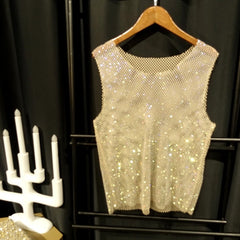 Champagne Gay Club Outfits | Men's Glitter Mesh Tank Top: Fishnet Shirt
