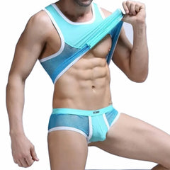 blue Men's Racing Stripe Mesh Tank Top and Boxer Briefs Set - pridevoyageshop.com - gay men’s underwear and swimwear