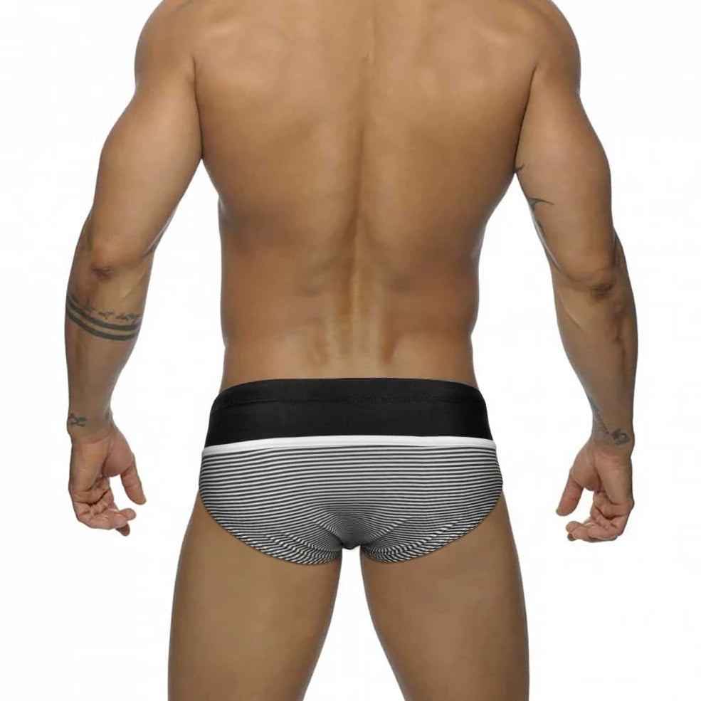 a sexy gay man in black Men's Sailor Stripe Swim Briefs - pridevoyageshop.com - gay men’s underwear and swimwear