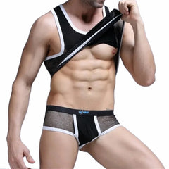 black Men's Racing Stripe Mesh Tank Top and Boxer Briefs Set - pridevoyageshop.com - gay men’s underwear and swimwear