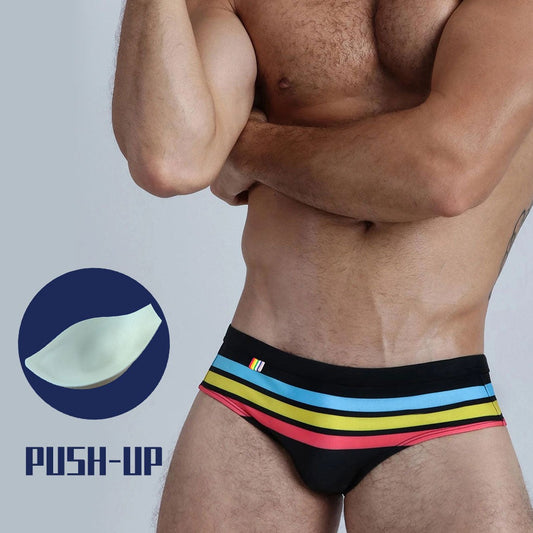 hot gay man in black Gay Swimwear | Vibrant Stripes Swim Briefs- pridevoyageshop.com - gay men’s underwear and swimwear