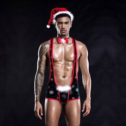 sexy gay man in Gay Singlet and Bodysuit | Gay Christmas 3-Piece Singlet Set - Men's Singlets, Bodysuits, Rompers & Jumpsuits - pridevoyageshop.com