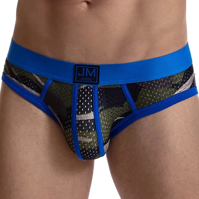 a hot gay man in blue Jockmail Men's Mesh Camo Briefs - pridevoyageshop.com - gay men’s underwear and swimwear