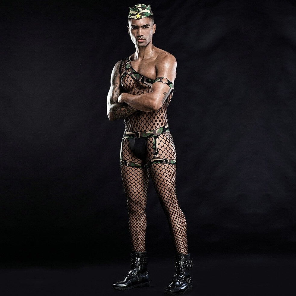 a hot gay man in Men's Camo Army Fishnet Costume | Gay Costume & Club Wear - pridevoyageshop.com - gay costumes, men role play outfits, gay party costumes and gay rave outfits