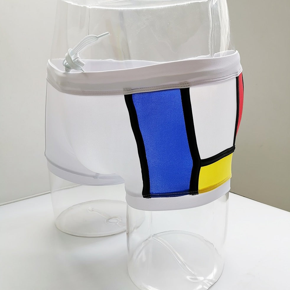 details of Gay Swimwear & Beachwear | Piet Mondrian Art Deco Swim Trunks - pridevoyageshop.com - gay men’s underwear and swimwear