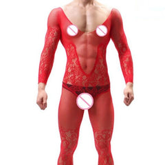 sexy gay man in Men's Red Lace and Fishnet Bodysuit | Gay Lingerie - pridevoyageshop.com - gay men’s bodystocking, lingerie, fishnet and fetish wear