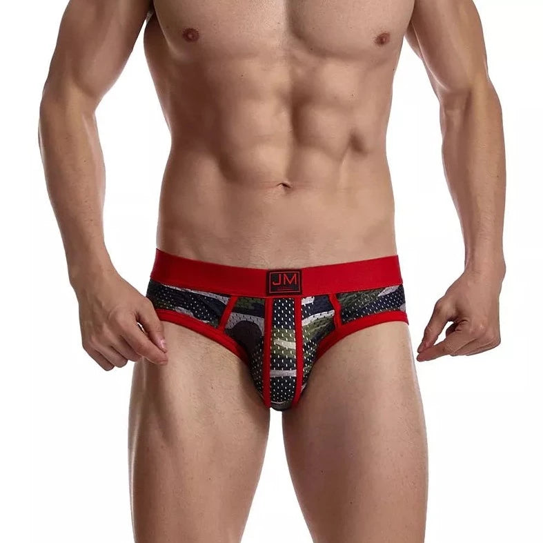 a hot gay man in red Jockmail Men's Mesh Camo Briefs - pridevoyageshop.com - gay men’s underwear and swimwear
