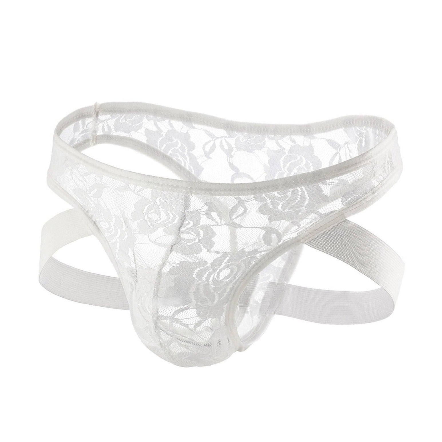 white Lace Briefs with Leg Strap: Mens Lace Panties and Lace Jockstrap - pridevoyageshop.com - gay men’s underwear and swimwear