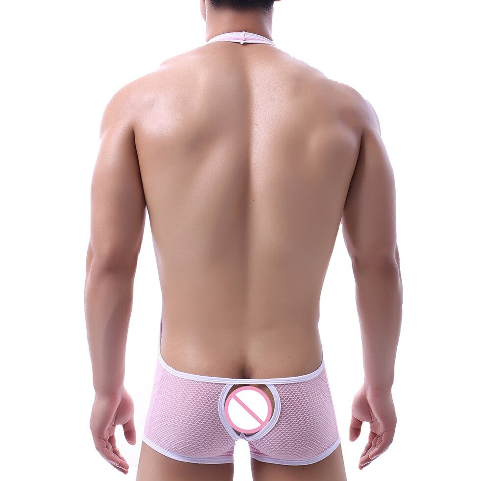 sexy gay man in pink Gay Singlet and Bodysuit | Men's Cheeky Mesh Blackless Singlets - Men's Singlets, Bodysuits, Rompers & Jumpsuits - pridevoyageshop.com