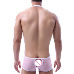 sexy gay man in pink Gay Singlet and Bodysuit | Men's Cheeky Mesh Blackless Singlets - Men's Singlets, Bodysuits, Rompers & Jumpsuits - pridevoyageshop.com