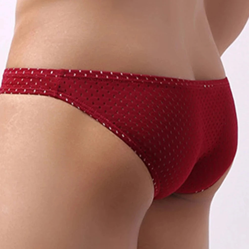 a sexy gay man in Claret Men's Hollow Mesh Briefs - pridevoyageshop.com - gay men’s underwear and swimwear