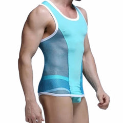 blue Men's Racing Stripe Mesh Tank Top and Boxer Briefs Set - pridevoyageshop.com - gay men’s underwear and swimwear