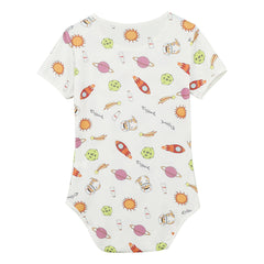 Intergalactic Yum Daddy’s Boy Printed Onesie flat lay, cosmic cartoon print, stretchy cute fabric, playful twink style – pridevoyageshop.com – gay men’s harness, lingerie and fetish wear