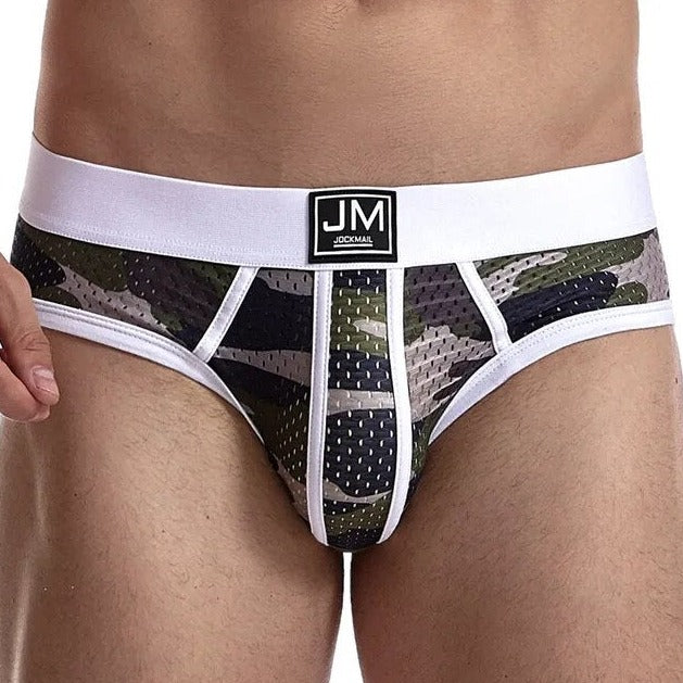 a hot gay man in white Jockmail Men's Mesh Camo Briefs - pridevoyageshop.com - gay men’s underwear and swimwear