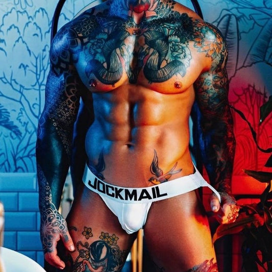hot gay man in white Jockmail Classic Jockstrap: Best Jockstrap & Male Jockstraps- pridevoyageshop.com - gay men’s underwear and swimwear