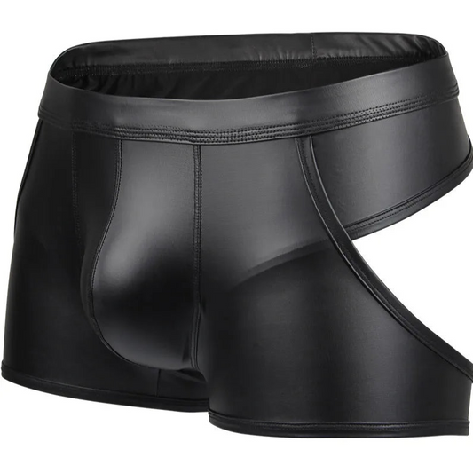Men’s Open-Side & Open-Back PU Leather Cutout Boxer - pridevoyageshop.com - gay men’s thongs, boxers, briefs and jockstraps