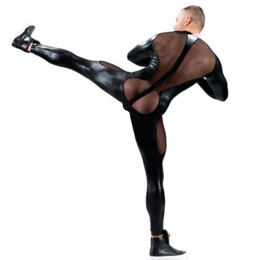 sexy gay man in Gay Bodysuit and Singlet | Kinky PVC Leather Mesh Bodysuit - Men's Singlets, Bodysuits, Leotard & Unitard - pridevoyageshop.com