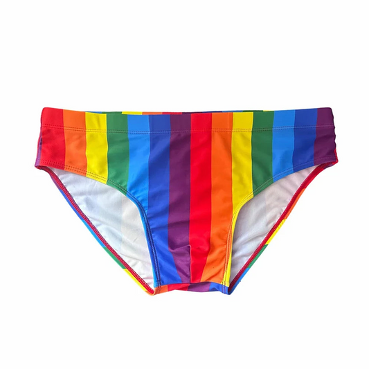 Pride Rainbow Striped Swim Brief – Loud, Proud, and Hung - pridevoyageshop.com - gay men’s sexy swim briefs, trunks, board shorts, and bikinis