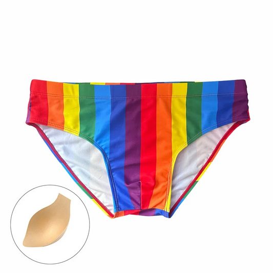 Pride Rainbow Striped Swim Brief with cap – Loud, Proud, and Hung - pridevoyageshop.com - gay men’s sexy swim briefs, trunks, board shorts, and bikinis