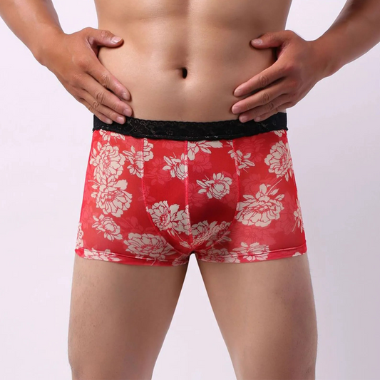 Red Men’s Kinked Up Floral Lace Boxers - pridevoyageshop.com - gay men’s thongs, boxers, briefs and jockstraps