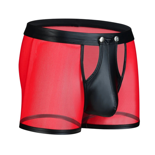 Red Men’s Mesh & PU Leather Snap Boxer Shorts - pridevoyageshop.com - gay men’s thongs, boxers, briefs and jockstraps