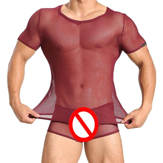 a hot gay man in Purplish Red Men's Sheer Sleepwear Set | Gay Loungewear & Pajamas - pridevoyageshop.com - gay pajamas, gay loungewear, gay sleepwear