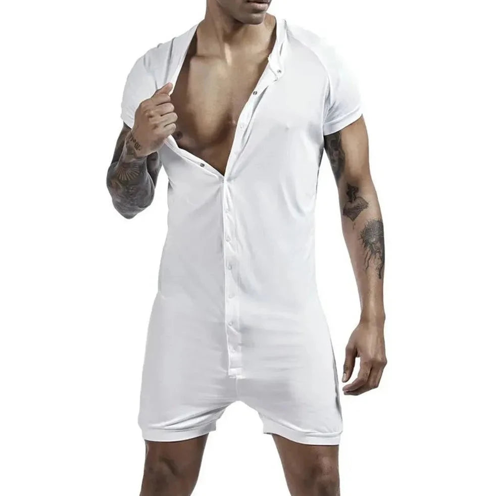 a hot gay man in white Men's Sexy Button-Up Onesie | Gay Loungewear & Pajamas - pridevoyageshop.com - gay pajamas, gay loungewear, gay sleepwear
