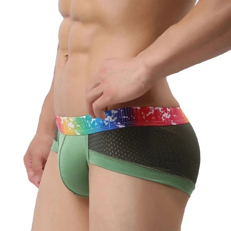 a hot man in army green Gay Men's Rainbow Band Mesh Briefs - pridevoyageshop.com - gay men’s underwear and swimwear