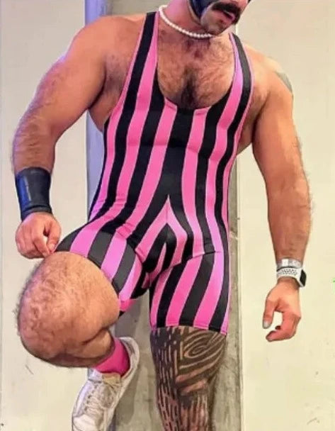 a hot gay man in rose red Retro stripes U-Neck Romper Singlets - Men's Singlets, Bodysuits, Rompers & Jumpsuits - pridevoyageshop.com