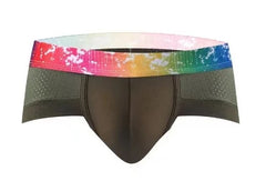 army green Gay Men's Rainbow Band Mesh Briefs - pridevoyageshop.com - gay men’s underwear and swimwear