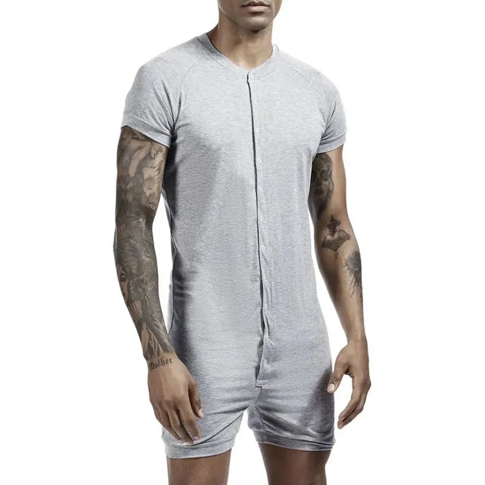 a hot gay man in gray Men's Sexy Button-Up Onesie | Gay Loungewear & Pajamas - pridevoyageshop.com - gay pajamas, gay loungewear, gay sleepwear