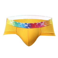 yellow Gay Men's Rainbow Band Mesh Briefs - pridevoyageshop.com - gay men’s underwear and swimwear