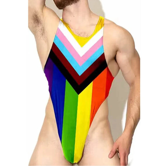 a hot gay man in Pride Stripes Thong Bodysuit - Men's Singlets, Bodysuits, Rompers & Jumpsuits - pridevoyageshop.com