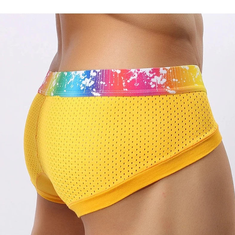 a hot man in yellow Gay Men's Rainbow Band Mesh Briefs - pridevoyageshop.com - gay men’s underwear and swimwear