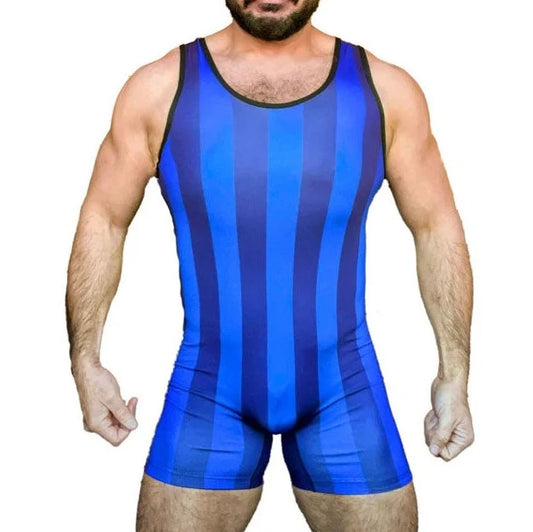 a sexy gay man in blue The 80's Retro Striped Wrestling Singlets - Men's Singlets, Bodysuits, Rompers & Jumpsuits - pridevoyageshop.com