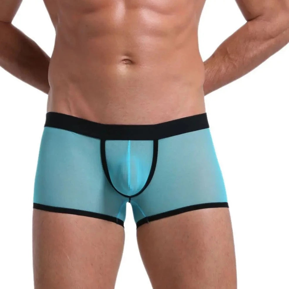 blue Men's Transparent Mesh Boxer Shorts - pridevoyageshop.com - gay men’s underwear and swimwear