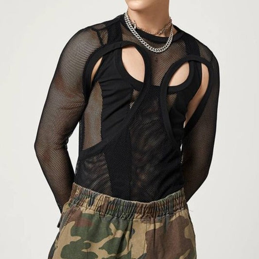 sexy gay man in black Gay Bodysuit and Singlet | Long Sleeve Elegant Mesh Bodysuits - Men's Singlets, Bodysuits, Leotard & Unitard - pridevoyageshop.com