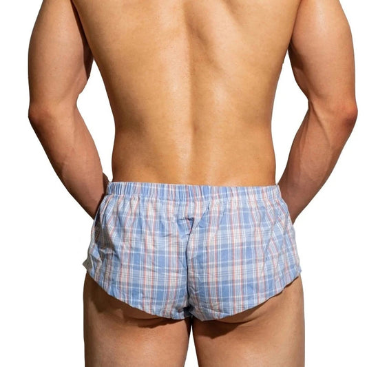 a sexy gay man in blue DM Low Rise Breathable Plaid Home Boxer Briefs - pridevoyageshop.com - gay men’s underwear and activewear