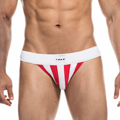 a sexy gay man in red Athletic Stripe Jockstraps - pridevoyageshop.com - gay men’s underwear and swimwear