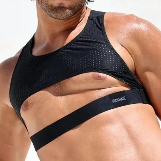 a hot gay man in black JOCKMAIL Mesh Harness Crop Tops | Gay Crop Tops & Clubwear - pridevoyageshop.com - gay crop tops, gay casual clothes and gay clothes store