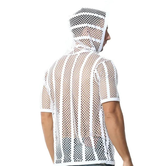 a hot gay man in white Men's Striped Hoodie Mesh Suit - pridevoyageshop.com - gay men’s underwear and swimwear