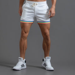 sexy gay man in white Men's Rainbow Gym Shorts with Pockets | Gay Shorts - Men's Activewear, gym short, sport shorts, running shorts- pridevoyageshop.com