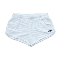 white Gay Shorts | DM Striped Mesh Gym Shorts - Men's Activewear, gym short, sport shorts, running shorts- pridevoyageshop.com