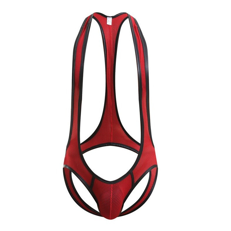 red Gay Singlet and Bodysuit | Men's Pouch Mesh Jockstrap Singlet - Men's Singlets, Bodysuits, Leotard & Unitard - pridevoyageshop.com