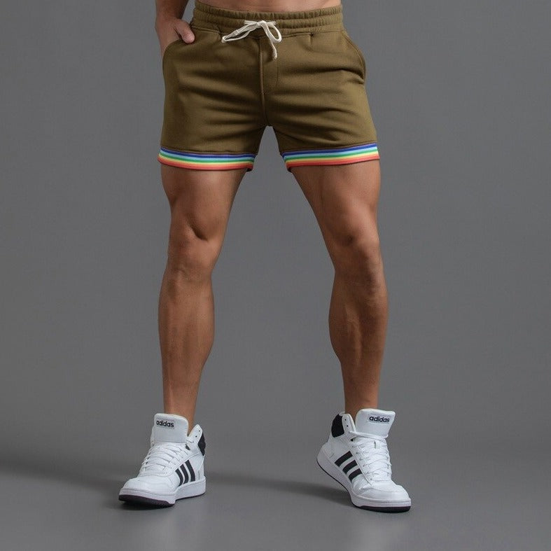 sexy gay man in dark armey green Men's Rainbow Gym Shorts with Pockets | Gay Shorts - Men's Activewear, gym short, sport shorts, running shorts- pridevoyageshop.com